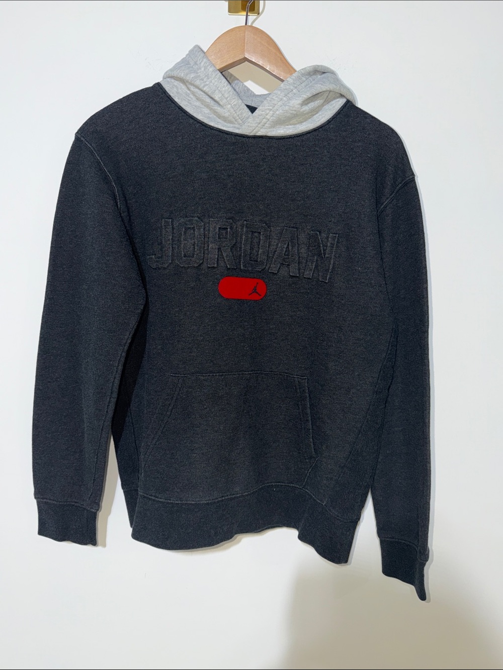 Jordan gray Pullover Hoodie with Gray Hood and Red Jumpman size XLarge